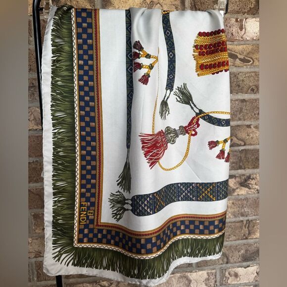 Vintage FENDI 100% Silk Scarf Tassel Rope Print 35x33” - Picture 13 of 14